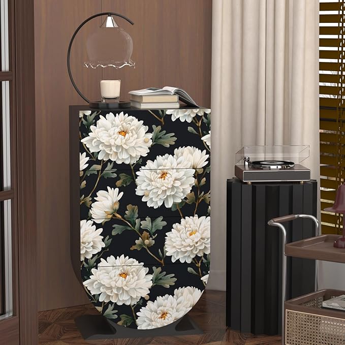 Black White Floral Peel and Stick Wallpaper Chrysanthemum Contact Paper 17.5" × 118" Waterproof Vinyl Self Adhesive Vintage Dark Flower Wall Paper for Bedroom Walls Cabinet Locker Decor
