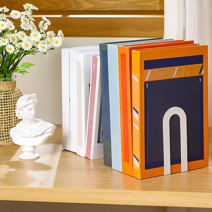 Chunful 6 Pcs Modern Metal Book Ends for Shelves Decorative Small Bookends Book Shelf Organizer Minimalist Design Stopper to Hold Books for Home Office (White,5.5 * 3.75 * 2.25inch)