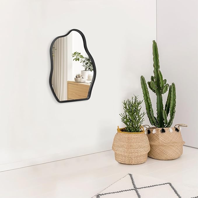 Asymmetrical Wood Frame Mirrors for Wall Oval Hanging Mirror Unique Irregular Modern Mirror for Entryway Hallway Living Room Bedroom Vanity Decorative Artistic Wall Mirror