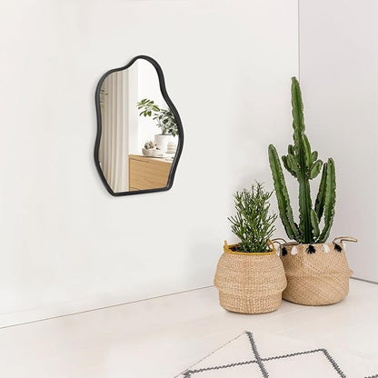 Asymmetrical Wood Frame Mirrors for Wall Oval Hanging Mirror Unique Irregular Modern Mirror for Entryway Hallway Living Room Bedroom Vanity Decorative Artistic Wall Mirror