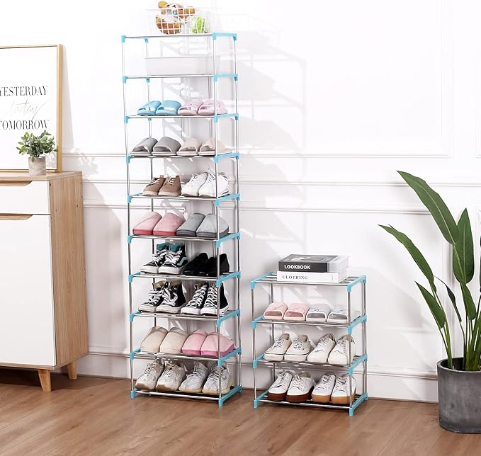 Stackable Small Shoe Rack, Entryway, Hallway and Closet Space Saving Storage and Organization (10-Tier, Blue)