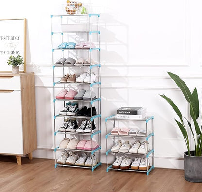 Stackable Small Shoe Rack, Entryway, Hallway and Closet Space Saving Storage and Organization (4-Tier, Blue)