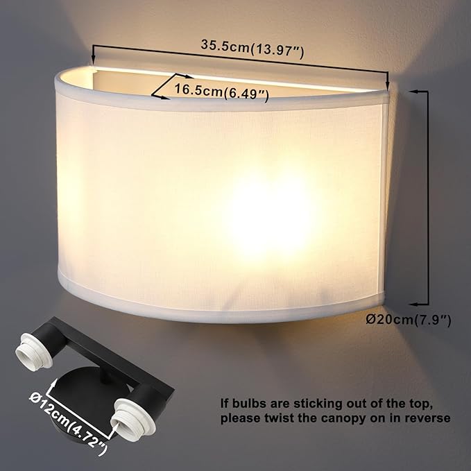 Yosoan 2-Light White Fabric Boho Wall Sconce Indoor Hallway Light Fixture, Dual Vintage Industrial Aged Hardwired Sconces Wall Lighting Semicircle Textile Shade for Bedroom Living Room Corridor Study