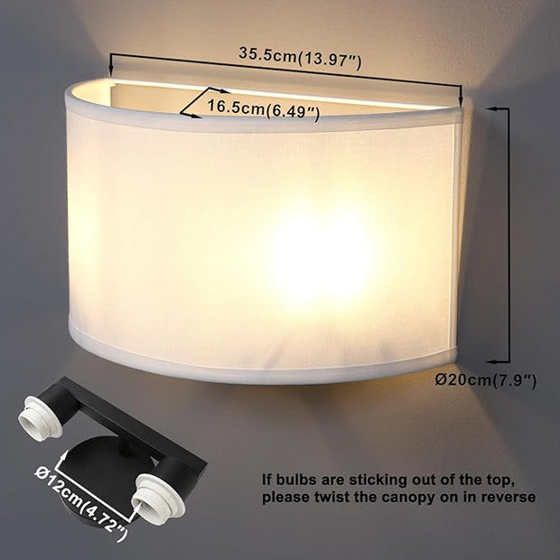 Yosoan 2-Light White Fabric Boho Wall Sconce Indoor Hallway Light Fixture, Dual Vintage Industrial Aged Hardwired Sconces Wall Lighting Semicircle Textile Shade for Bedroom Living Room Corridor Study