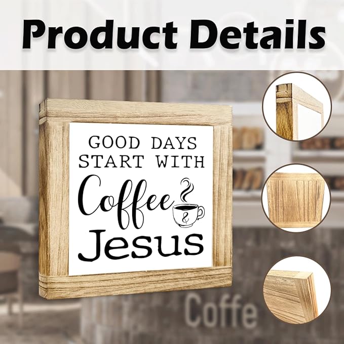 Christian Coffees Decoration Wood Coffee Sign Good Days Start With Coffee And Jesus Farmhouse Cafe Sign Table Decor for Kitchen Home Office Bar Handmade Wooden Cafe Signs 5.9x5.9 Inch