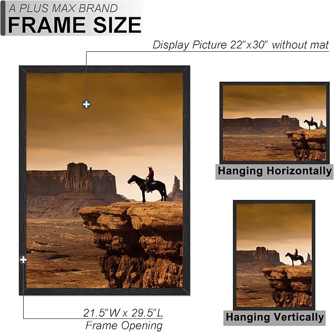 A PLUS MAX 22x30 Picture Frame Set of 2, Black Engineered Wood Frame for 22 x 30 Inch Picture Poster Photo, Light Weight 22 by 30 Frame with Wood-grain for Wall - 2 Pack/Black/22 x30