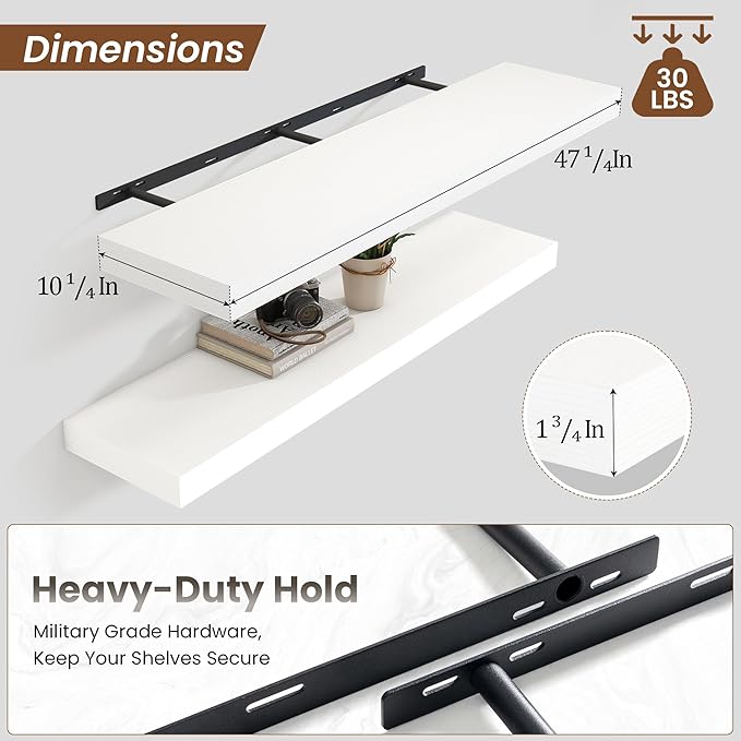 Heimlove Floating Shelves for Wall 48 Inch Long,Extra Large and Thick Wood Shelves Mounted Storage Hanging Shelf Invisible Bracket for Bedroom,Living Room,Kitchen,Office,Set of 2,White
