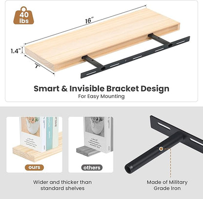 Fun Memories Wood Floating Shelves Set of 2, Rustic Pine Wood Floating Shelves for Wall Mounting, Wide Wall Shelf for Home Decor and Storage, 16" W x 7" D, Natural Unfinished, DIY Stain