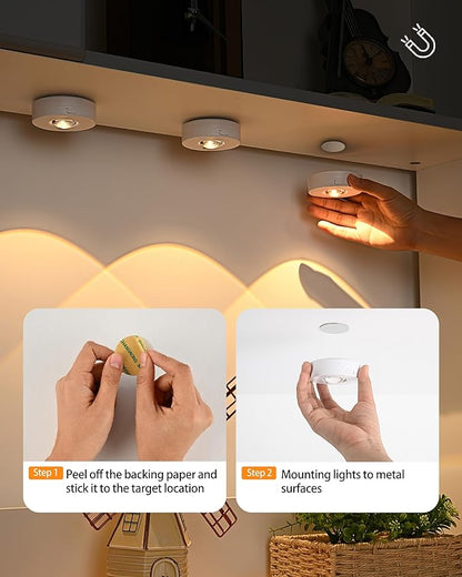 3 Pack Wireless RGB Under Cabinet Lights with Timer Function, Rechargeable Puck Lights with Remote Control, Dimmable Magnetic Stick On Light, LED Touch Tap Light for Kitchen, Cabinets, Closet