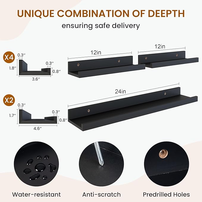 Axeman Picture Ledge Shelf, Floating Shelves for Decor Storage Set of 6, 24 inch Floating Wall Mounted Shelves, Wall Shelves with Lip for Living Room, Bedroom, Nursery, Bathroom, Kitchen, Black