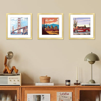 FIXSMITH 12x12 Picture Frame Gold Set of 4, Photo Frame with HD Plexiglass, Display Pictures 8x8 with Mat or 12x12 Without Mat, Natural Picture Frames Collage Wall Decor, Gallary Wall Frame