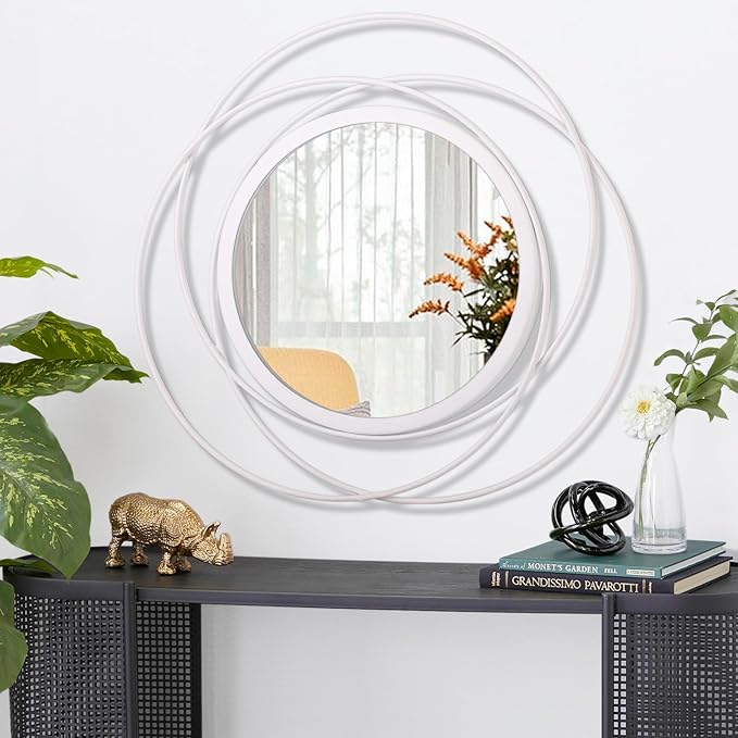 White Round Wall-Mounted Mirrors Wire Modern Metal Frame Arts Mirrors Home Decoration Hallway Bathroom Bedroom Living Room Farmhouse Entryway Large 20