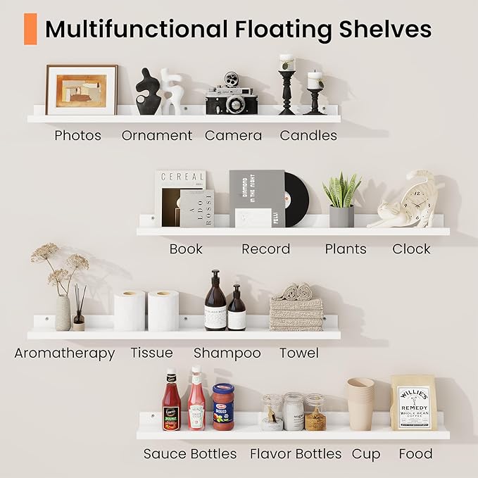 RICHFOCUS Picture Ledge Shelf, 48 inch Floating Shelves Set of 2, Wood Wall Shelves with Lip, Wall Decor Storage for Bedroom Living Room Bathroom Kitchen Nursery Photo Picture, White