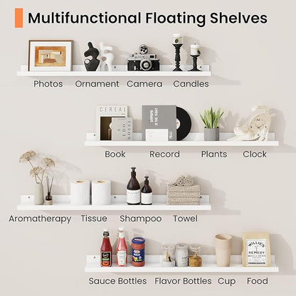 RICHFOCUS Picture Ledge Shelf, 48 inch Floating Shelves Set of 2, Wood Wall Shelves with Lip, Wall Decor Storage for Bedroom Living Room Bathroom Kitchen Nursery Photo Picture, White