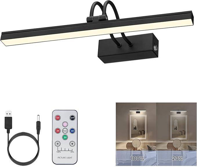 FUNCHDAY Picture Light Rechargeable, Wireless Picture Lights for Wall with Remote, 280LM Dimmable Timer Set Gallery Light, 13inch Metal Battery Operated Art Lighting for Paintings,Frame (Black)