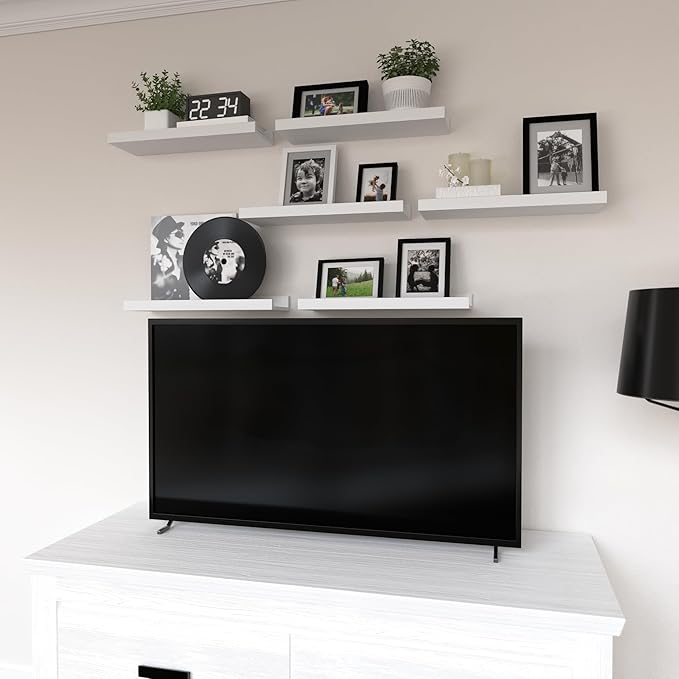 Floating Shelves Set of 6, White Wall Shelves with Lip, Display Shelves for Wall Decor, Modern Picture Ledge for Living Room, Bedroom, Nursery, Bathroom, Pictures, Books, Plants- White