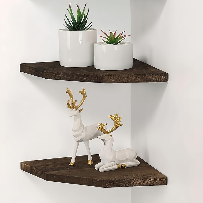 Joiishom Wood Corner Wall Shelves Set of 2, Solid Wood Corner Floating Shelves for Wall, Round End Wall Mounted Floating Corner Shelf for Bedroom, Living Room and Kitchen. (Brown-10 inch)