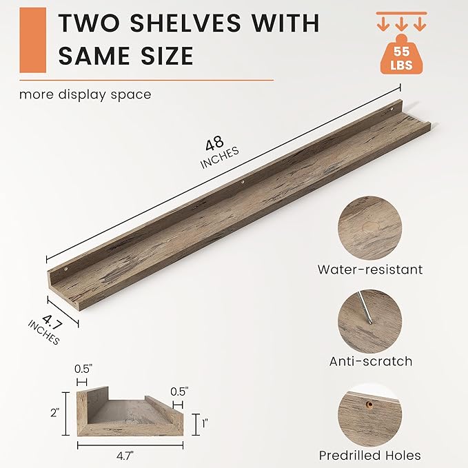 Picture Ledge Shelf, Floating Shelves Set of 2, 48 Inches Long Large Nursery Book Shelves for Toys Storage, Kids Bookshelf Wall Mounted for Living Room Bedroom Decor Books Photo Frames,Grey