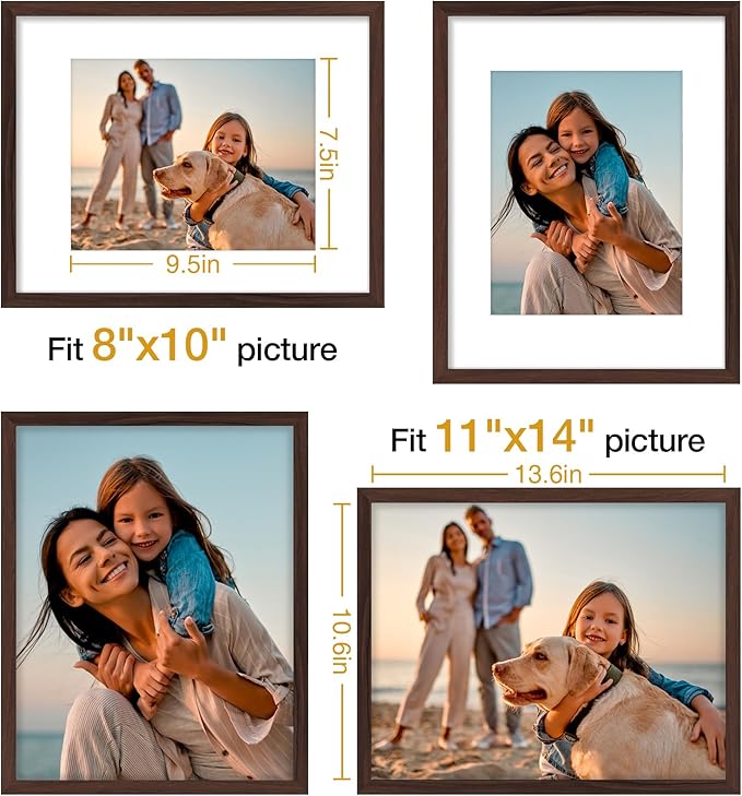 Vittanly 11x14 Picture Frame Set of 4, Display Pictures 8x10 with Mat or 11x14 without Mat, Engineered Wood with Shatter Resistant Plexiglass, Wall Gallery Photo Frames for Wall or Tabletop, Brown