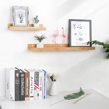 Natural Bamboo Floating Shelves Rustic Wood Wall Shelves Wooden Wall Storage Organizer Home Decor Living Room Kitchen Bedroom (Natural, 13.8 in)