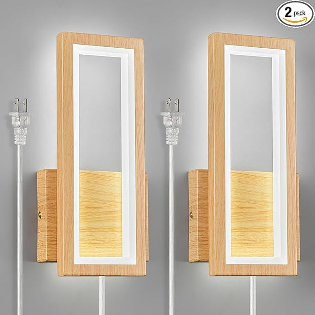 Modern Wood Color Plug in Wall sconces Set of Two 18W Indoor LED Simple Wall Fixture 6000K Rectangle Vanity Wall Lights for Living Room Bedroom Hallway Stairs(2Pack)