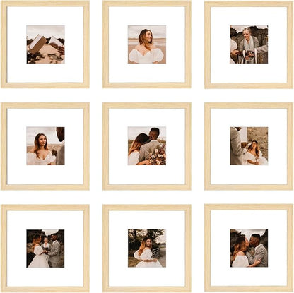 8x8 Picture Frame Set of 9, Display Pictures 4x4 with Mat or 8x8 without Mat, Multi Collage Gallery Square Photo Frames for Wall or Tabletop, Natural Wood