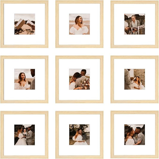 8x8 Picture Frame Set of 9, Display Pictures 4x4 with Mat or 8x8 without Mat, Multi Collage Gallery Square Photo Frames for Wall or Tabletop, Natural Wood