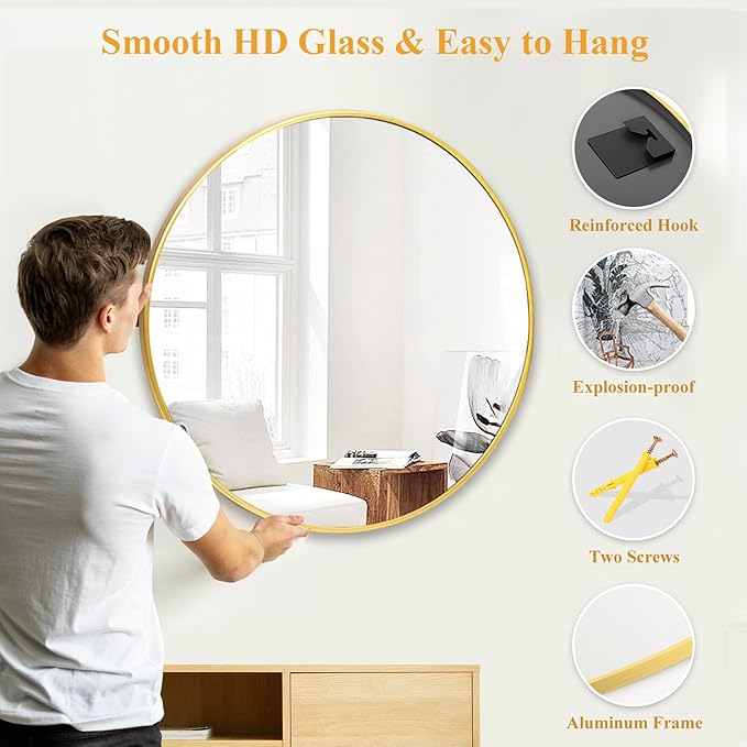 Fabuday Round Gold Mirror 30 Inch - Large Circle Mirror for Bathroom, Bedroom, Living Room, Hallway Decor, Hanging Big Golden Framed Circular Mirror