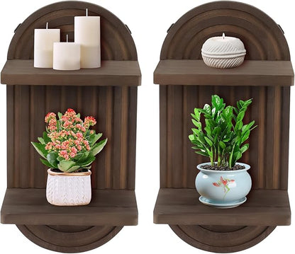 Qivine Boho Wall Shelf 2 Pcs 2 Tier Shelves for Room Wall Wood Floating Shelf with Arched Wood Design Wall Mounted for Living Room, Bedroom, Bathroom Decor (Brown, 2-Tier)