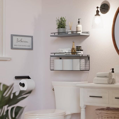 WOPITUES Floating Shelves for Wall Decor Sign, Bathroom Organizers and Storage, Bathroom Shelves Over Toilet with Metal Guardrail-Modern Grey