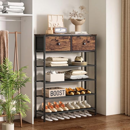 Shoe Rack Organizer 5 Tier Metal Organizer Shelf with Industrial MDF Board and Layer Fabric for Entryway Closet Bedroom Living Room Garage (Black+Rustic Brown, 5 Tier with 2 Drawers)