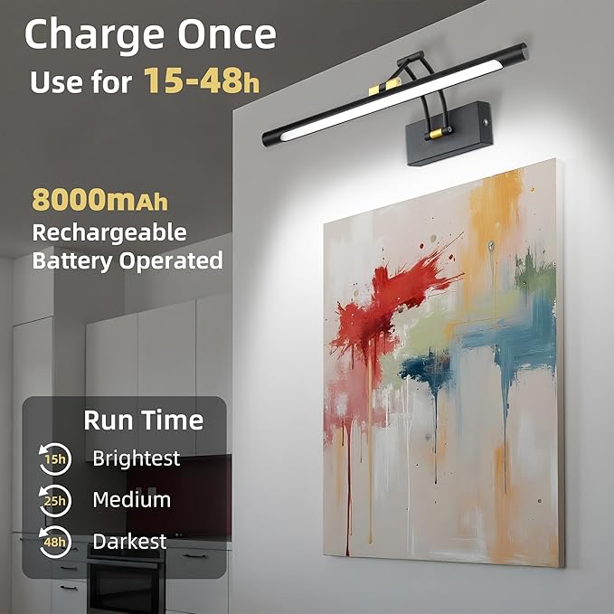 16“ Picture Lights for Wall, 8000mAh Rechargeable Wireless Picture Light with Remote, Dimmable 3 Colors LED Art Lighting for Paintings Frame Poster Dartboard Gallery Light, Black Gold