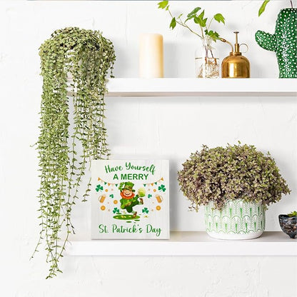 Have Yourself A MERRY St. Patrick's Day Wooden Box Sign, Green Lucky Clover Little Elf Gold Coins Desk Decorate, Spring Decor, Home Desk Shelf Decor 5.1 x 5.1 Inches