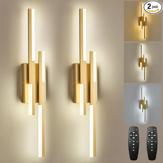 Modern LED Vanity Lights Set of 2, Gold Wall Sconce with Remote Control Dimmable Indoor Wall Light Bedside Remote Sconce for Bedroom Bathroom Living Dining Room (27.6inch 2 Pack)