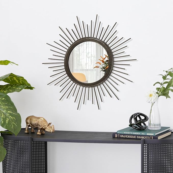 Large Spoked Sunburst Wall Mirror Boho Home Decor Round Wall Art Mirror Modern Metal Mirrors for Wall Living Room Vanity Bathroom Bedroom Hallway Balcony Entryway 16