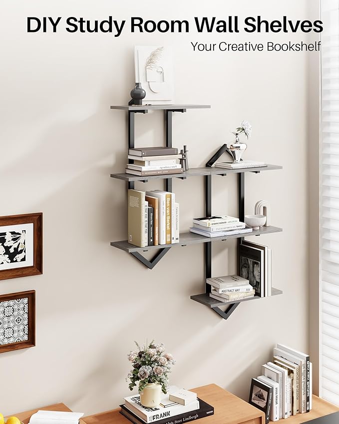 3 Tier Floating Shelves, Set of 2 Wall Shelves for Living Room, Modern Geometric Wooden Shelf for Wall Decor, Hanging Storage Shelf for Bedroom Bathroom Kitchen Home Office (Greige + Black)