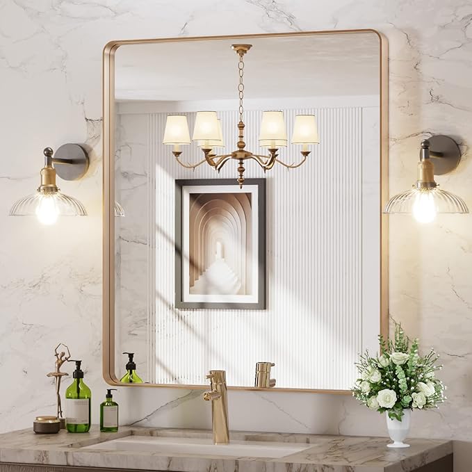 LOAAO 30”X36” Gold Bathroom Mirror, Rounded Rectangle Gold Frame Mirror, Brushed Gold Bathroom Vanity Mirror Wall-Mounted, Anti-Rust, Tempered Glass, Hangs Horizontally or Vertically
