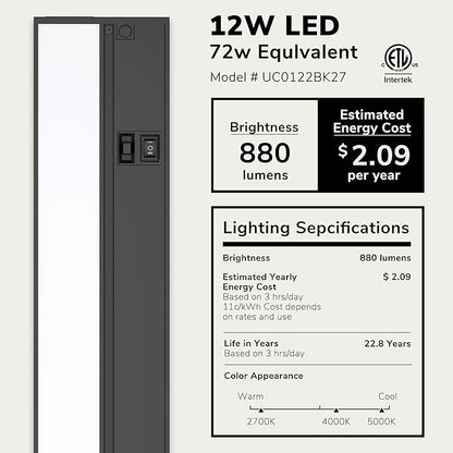 LAGOM Halo Under Cabinet Light, 22‑Inch Hardwired Dimmable LED, 2700K/4000K/5000K, Power Cord Sold Separately, Black, UC0122BK27