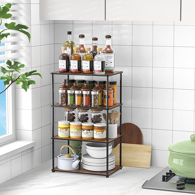 Countertop Spice Rack, Stackable Wood & Metal Pantry Cabinet Shelf Organizer Storage, 4-Tier or Split into 2×2-Tier, Multi-Use for Kitchen Bathroom Desktop Home Office, Rustic Brown