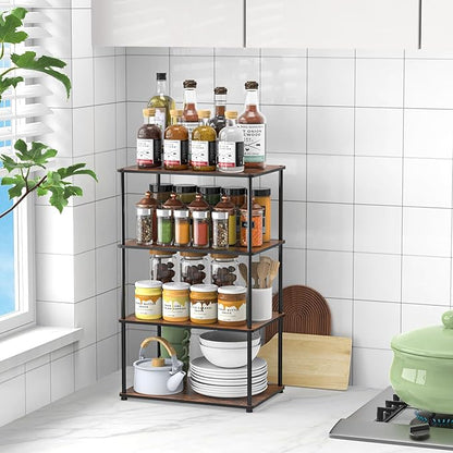 Countertop Spice Rack, Stackable Wood & Metal Pantry Cabinet Shelf Organizer Storage, 4-Tier or Split into 2×2-Tier, Multi-Use for Kitchen Bathroom Desktop Home Office, Rustic Brown