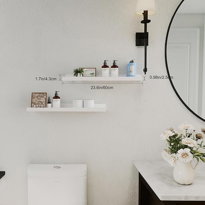 24inch Floating Picture Ledge Shelves 2-Pack, White Wall Mounted Shelves with Lip for Nursery, Kids Room, Living Room & Bedroom, Sturdy Floating Book Shelves for Photo Frames & Decor