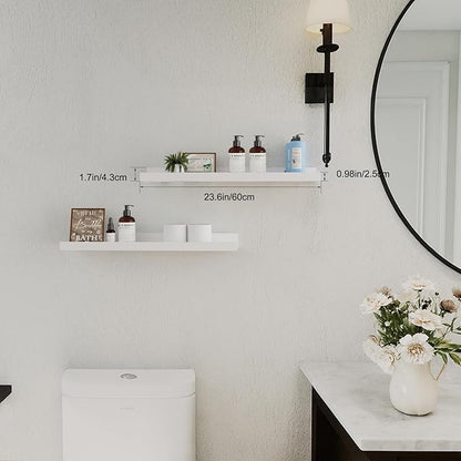 24inch Floating Picture Ledge Shelves 2-Pack, White Wall Mounted Shelves with Lip for Nursery, Kids Room, Living Room & Bedroom, Sturdy Floating Book Shelves for Photo Frames & Decor