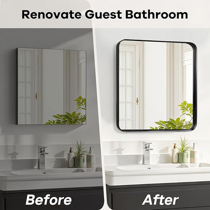 28x28 Inch Black Bathroom Mirror - Metal Framed Square Mirror for Bathroom Over Sink, Matte Wall Mirrors for Restroom, Bedroom, Entryway, High-Definition