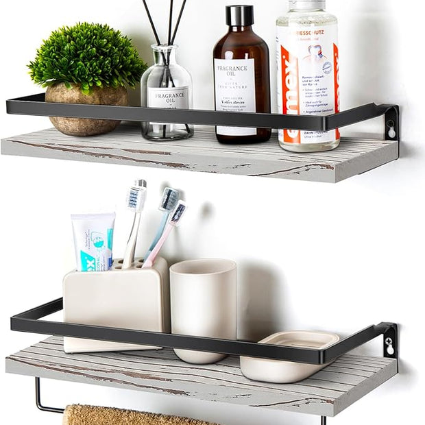 Floating Shelves for Wall, Bathroom Shelves with Towel Bar, Wall Mounted Storage Shelves for Kitchen, Bathroom, Set of 2 Grey