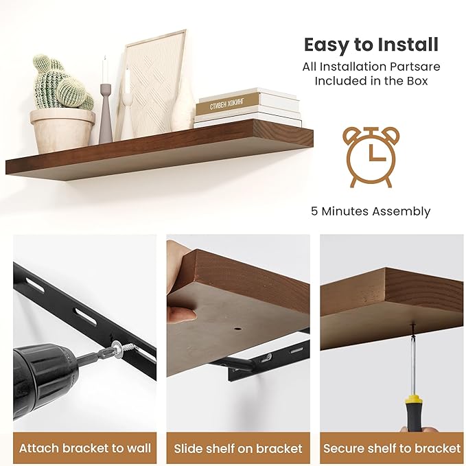 Fun Memories Wood Floating Shelves Set of 2, Rustic Pine Wood Floating Shelves for Wall Mounting, Wide Wall Shelf for Home Decor and Storage, 36