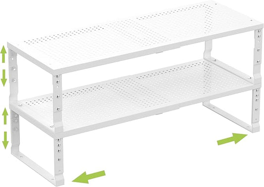 Expandable Cabinet Shelf Organizer Storage Spice Rack Shelves for Kitchen Stackable Adjustable Pantry Cupboard Bathroom Countertop Desktop(2Packs/White/Medium-with Hole)
