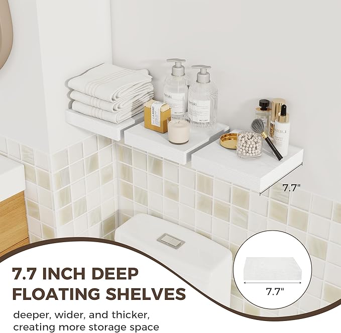 Fun Memories Small Floating Shelves for Wall - 8 Inch Square Wall Shelves with Invisible Brackets, White Shelves for Bathroom, Living Room, Bedroom, and Kitchen Decor, Set of 3