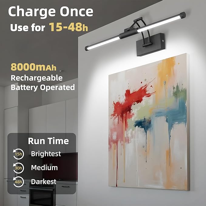 24“ Picture Lights for Wall, 8000mAh Rechargeable Wireless Picture Light with Remote, LED Wall Lights 3000K/4000K/6000K Dimmable, Art Lighting for Paintings Frame Gallery Dartboard, Black