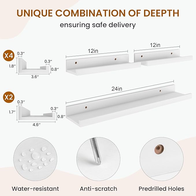 Axeman Picture Ledge Shelf, Floating Shelves for Wall Decor Storage Set of 6, 24 inch Floating Wall Mounted Shelves, Shelves with Lip for Living Room, Bedroom, Nursery, Bathroom, Kitchen, White