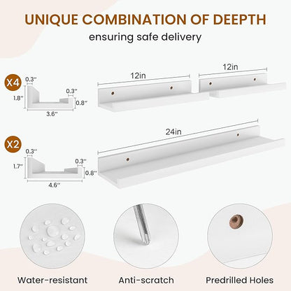 Axeman Picture Ledge Shelf, Floating Shelves for Wall Decor Storage Set of 6, 24 inch Floating Wall Mounted Shelves, Shelves with Lip for Living Room, Bedroom, Nursery, Bathroom, Kitchen, White